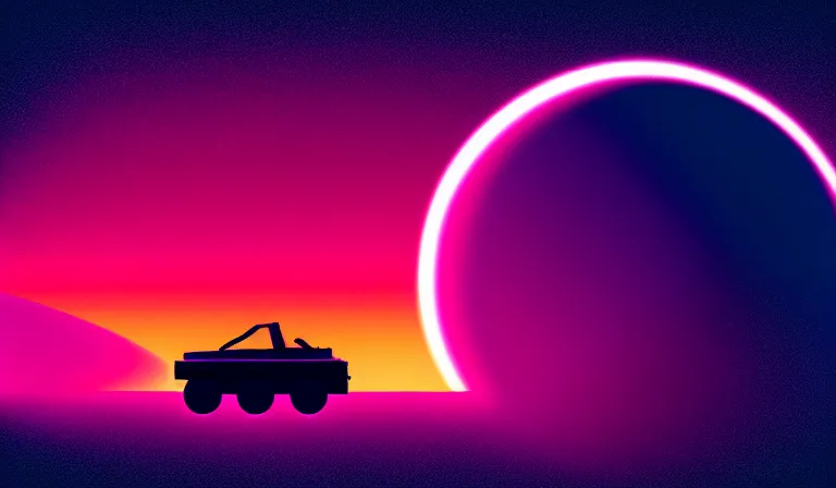 Prompt: a beautiful, sharp focus, and the silhouette of a lunar rover. vaporwave ombre rendering. outrun style. trending on artstation. recommended for you behance. by chris moore. beeple colors. ambient occlusion. digital matte painting. metropolis filmic. gotham city. overcast.