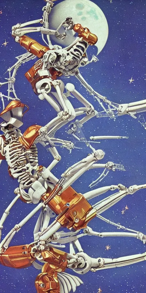 Prompt: retrofuturism, space ranger skeleton robot fighting aliens on the moon of Jupiter