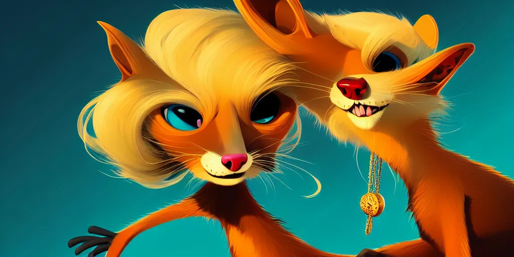 Image similar to curved perspective, extreme narrow, extreme fisheye, digital art of a female marten animal cartoon character wearing jewlery with blonde hairstyle by anton fadeev from nightmare before christmas