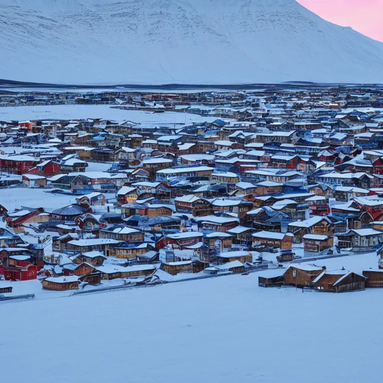 Prompt: a beautiful town in svalbard, snow