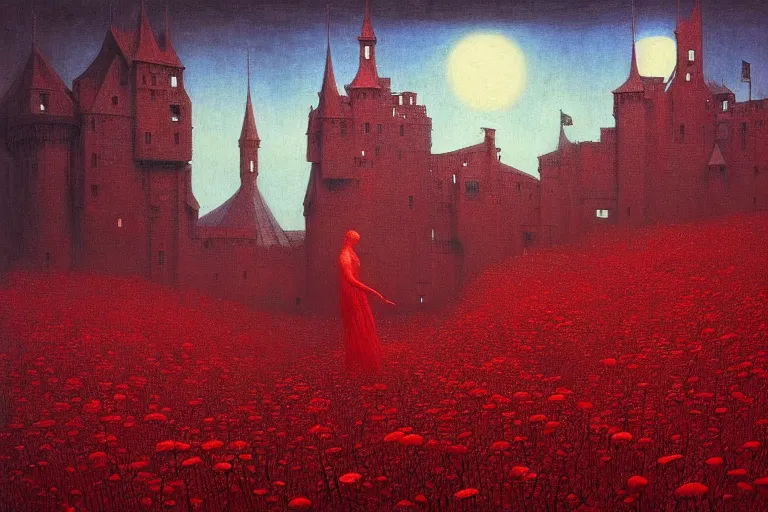 Image similar to only with red, red creepy eyes, a red tiger, a castle in the background, medieval demons dance over the flowers, an ancient path, in the style of beksinski, part by hopper, part by rodcenko, part by hofbauer, intricate composition, red by caravaggio, insanely quality, highly detailed, masterpiece, red light, artstation