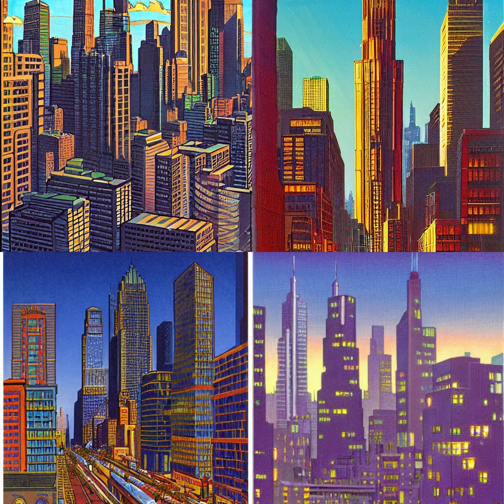 Prompt: a cityscape perspective by Alex Schomburg, serene lighting