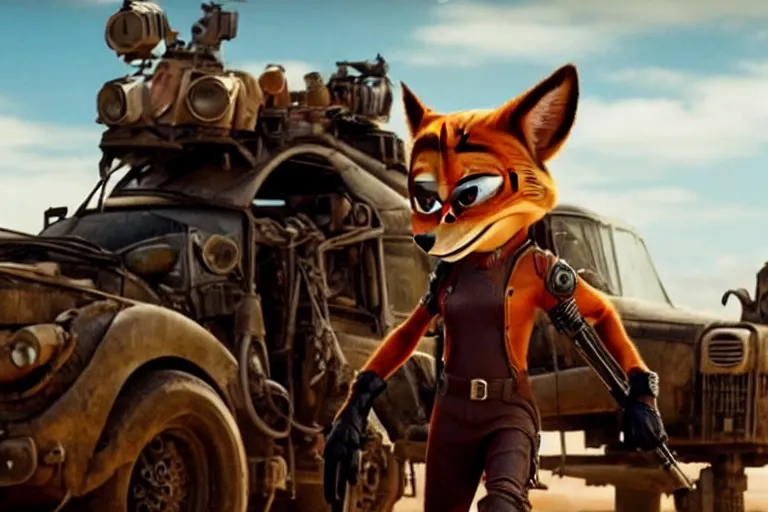 Image similar to nick wilde, heavily armed and armored facing down armageddon in a dark and gritty reboot from the makers of mad max : fury road