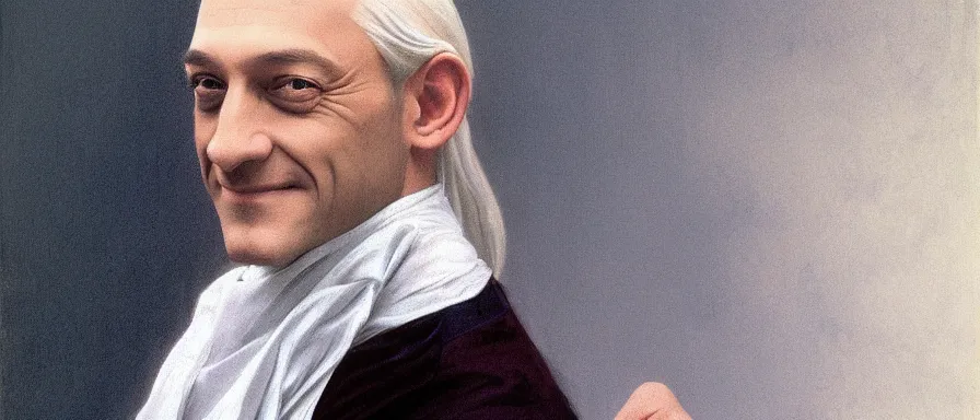 Prompt: Jason Isaacs as Lucius Malfoy. Smiling. Happy. Cheerful. Art by william adolphe bouguereau. Extremely detailed. Beautiful. 4K. Award winning.