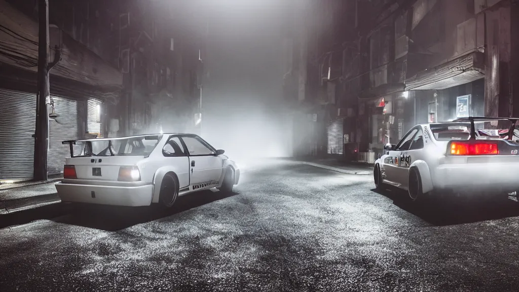 Prompt: takumi fujiwara's toyota ae 8 6 with pop up headlights, cinematic, nikon d 7 5 0, long exposure, white balance, 8 k, led, lumen global illumination, fog, ray tracing reflections, fxaa, rtx, post - production