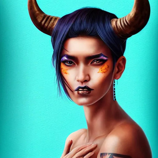 Image similar to illustrated realistic portrait of ram-horned devil woman with blue bob hairstyle and her tan colored skin and with solid black eyes wearing leather by rossdraws