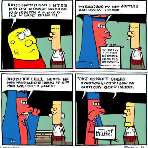 Image similar to 2 panel cartoon of dilbert having a standoff with the police, scott adams,