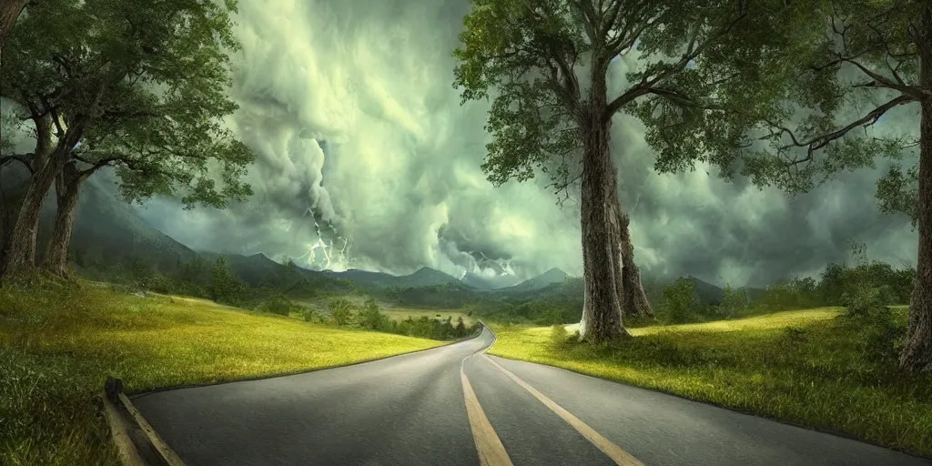 Image similar to A tornado in a beautiful scenic landscape, nature, trees, wide angle, super highly detailed, professional digital painting, artstation, concept art, smooth, sharp focus, no blur, no dof, extreme illustration, Unreal Engine 5, Photorealism, HD quality, 8k resolution, cinema 4d, 3D, beautiful, cinematic, art by artgerm and greg rutkowski and alphonse mucha and loish and WLOP