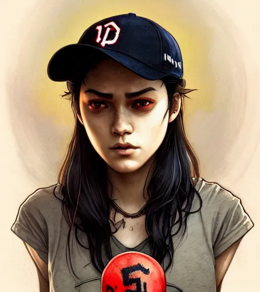 Prompt: symmetry ( badass clementine from the walking dead wearing her iconic baseball ( letter d ) hat ) blood, ultra detailed, intricate, anime, dynamic lighting, digital art, digital painting, art station, wlop, sharp focus, illustration, art by artgerm and greg rutkowski and alphonse mucha