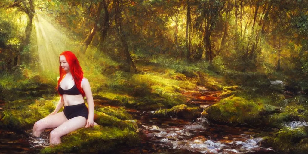 Image similar to A wide angle oil painting of a red haired girl bathing in a forest stream, light rays, expressive