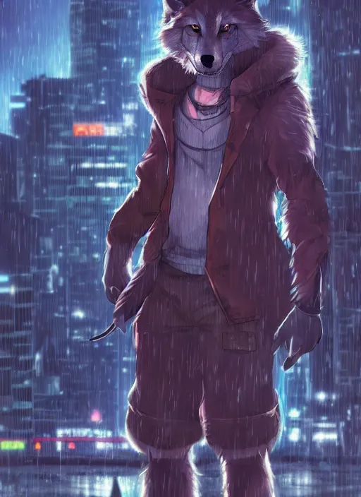 Image similar to character portrait of a male anthro wolf fursona with a tail and a cute beautiful attractive furry face wearing stylish cyberpunk clothes in a cyberpunk city at night while it rains. hidari, color page, tankoban, 4K, tone mapping, Akihiko Yoshida.