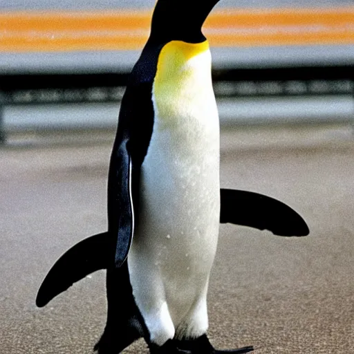 Image similar to A photo of a penguin wearing a conductor's hat at a Chicago train station, 1990, award-winning