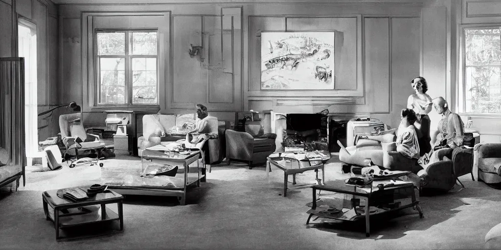 Image similar to detailed sharp photograph in the style of popular science circa 1 9 5 5 and gregory crewdson of a 1 9 5 0 s living room with art by leroy neiman