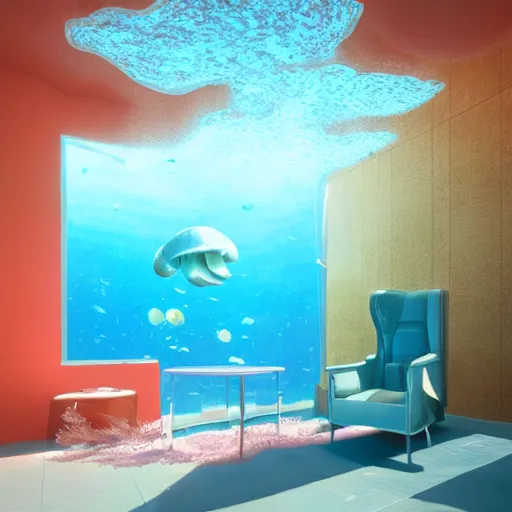 Prompt: the realistic photo of the modern room as aquarium with a big neonic jellyfish and corals, under the ocean, realistic colors, realistic shadows, daylight made in blender, hd, 3 d by beeple and damian hirst