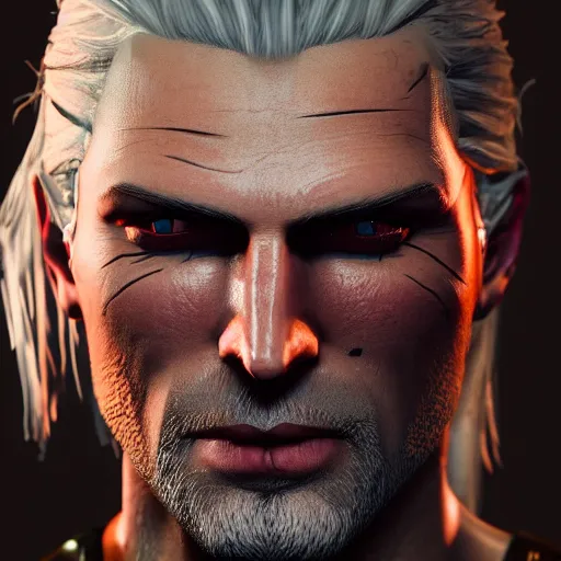 Image similar to geralt of rivia witcher, highly detailed, photorealistic portrait, bright studio setting, studio lighting, crisp quality and light reflections, unreal engine 5 quality render