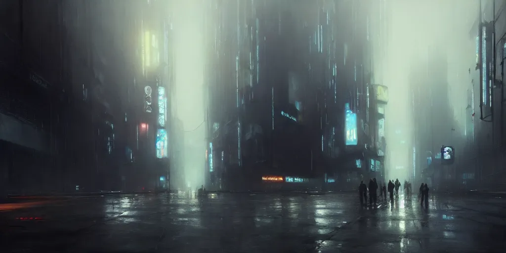 Prompt: beautiful painting by jeremy mann, cyberpunk street, still from blade runner movie, desaturated, oil painting, perfect composition, detailed octane render trending on artstation, misty, volumetric fog, ominous, unsettling, 8 k artistic photography, volumetric cinematic perfect light