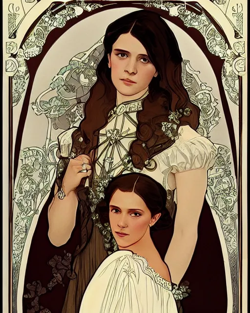 Prompt: an art nouveau painting of a girl resembling alicia vikander or millie bobby brown in a wedding dress, highly detailed, intricate, artstation, by alphonse mucha