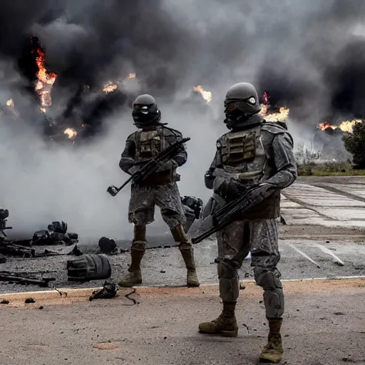 Image similar to Special Forces in grey uniform with black body armor under artillery fire in 2022, photo by Adam Ferguson, Pulitzer Winning, cinematic composition, breathtaking, modern, 2022