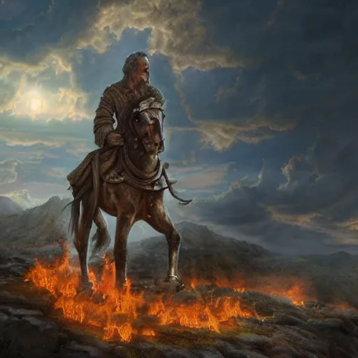 Prompt: Beautiful hyperrealistic detailed matte painting of a 60 year old man in Biblical outfit standing on an ancient chariot made of fire. Firey horses. nightime.