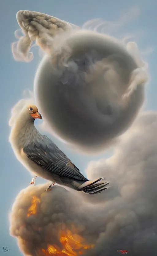 Image similar to an ultra fine detail painting of a round floating bird with a lot of smoke coming out of it, an airbrush painting by Ron English, by Marco Mazzoni, by Brian Despain, cgsociety, hyperrealism, airbrush art, hyper realism, oil on canvas, nuclear art, pop surrealism