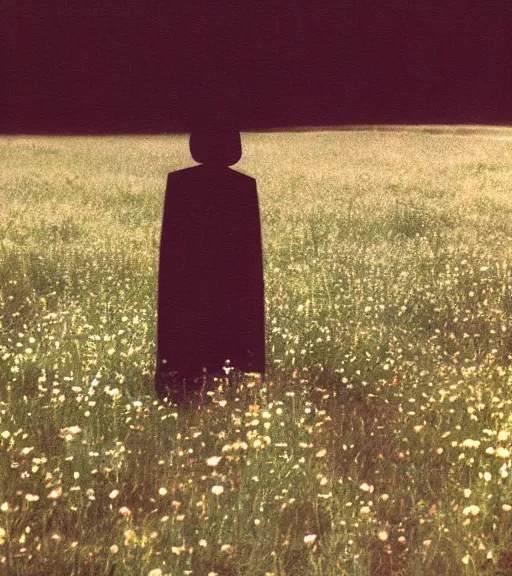 Prompt: tall shadow person figure standing in beautiful meadow of flowers, vintage film photo, grainy, high detail, high resolution