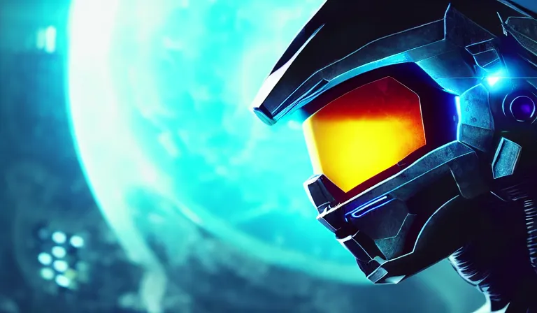 Prompt: cyberpunk halo helmet floating in space with reflections, epic, dramatic, photorealistic, award winning, 8k,