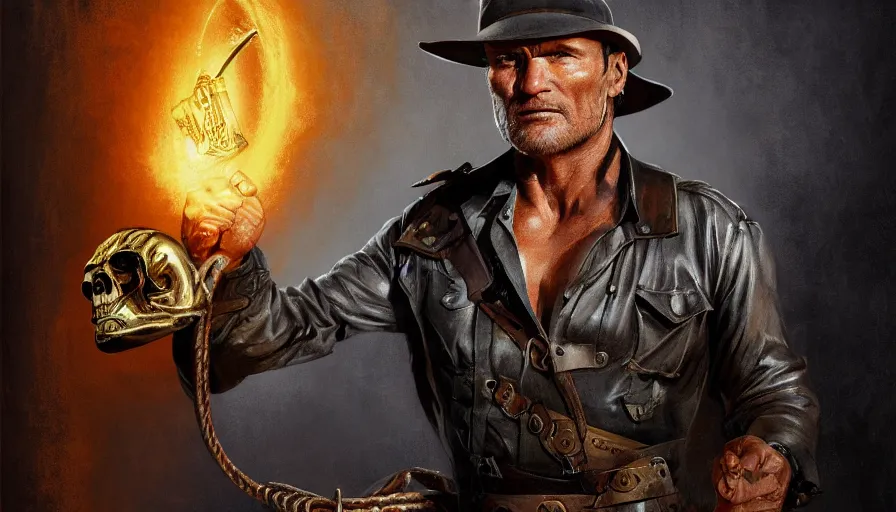 Image similar to dolph lundgren as indiana jones holding a whip in left hand and holding a golden mayan skull in the right hand, grey background, hyperdetailed, artstation, cgsociety, 8 k