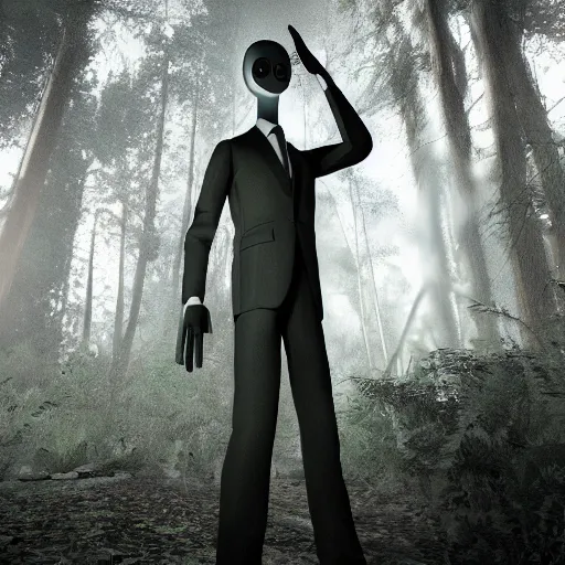 Image similar to photorealistic Slenderman in the woods, dynamic lighting, ultra realistic, trending on art station, ray tracing, sun rays