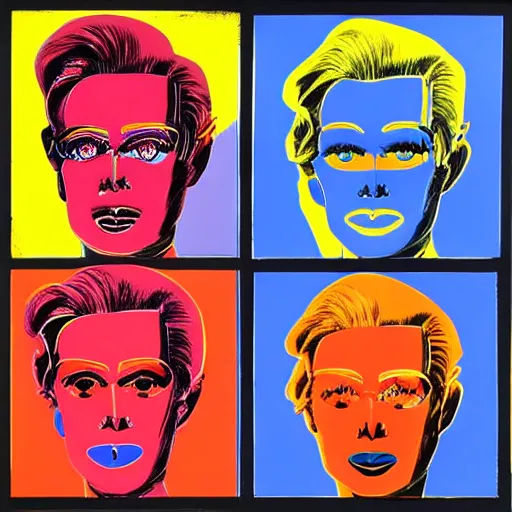 Prompt: panels of primary colors lithography cyborgs in the style of andy warhol