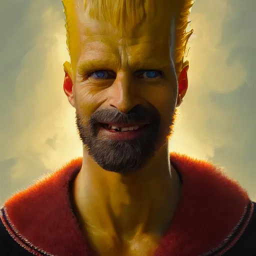 Image similar to portrait of bart simpson as a real human, soft hair, muscular, half body, leather, hairy, d & d, fantasy, intricate, elegant, highly detailed, digital painting, artstation, concept art, smooth, sharp focus, illustration, art by artgerm and greg rutkowski and alphonse mucha