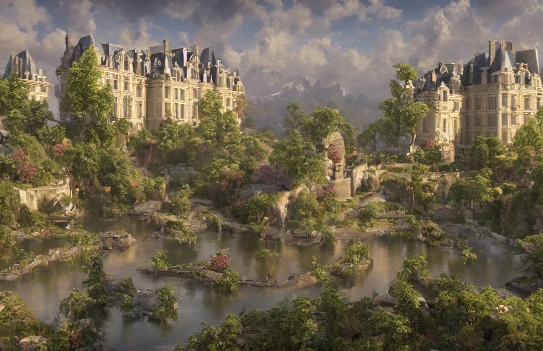 Image similar to a hyper realistic professional photographic view picture of a french chateau filter unreal engine 5 realistic hyper detailed 8k ultradetail cinematic concept art volumetric lighting, fantasy artwork, very beautiful scenery, very realistic painting effect, hd, hdr, cinematic 4k wallpaper, 8k, ultra detailed, high resolution, artstation trending on artstation in the style of Albert Dros glowing rich colors powerful imagery nasa footage drone footage drone photography