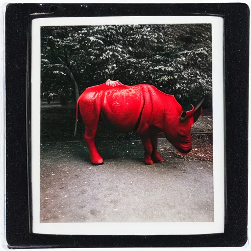 Prompt: poloroid photography of a red rhino in new york,