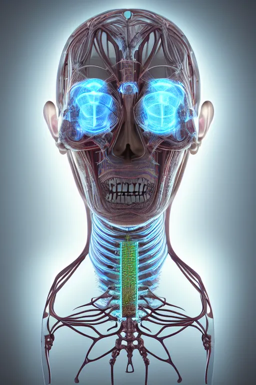 Prompt: 3D render of a portrait of a futuristic steampunk wizard cyborg, inset xray cross-section, neon lenses for eyes, Mandelbrot fractal, titanium skeleton, anatomical, flesh, facial muscles, wires, microchips, electronics, veins, arteries, glowing, full frame, microscopic, elegant, highly detailed, flesh ornate, elegant, high fashion, dye contrast lighting, black light, octane render