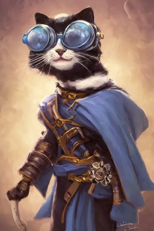 Prompt: cute anthropomorphic tuxedo cat wearing a cape and a goggles and holding a flower , miniature, baby animal, short, blue armor, cute and adorable, pretty, beautiful, DnD character art portrait, matte fantasy painting, Cg society artstarion, by Jason Felix by Steve Argyle by Tyler Jacobson by Peter Mohrbacher, cinematic lighting