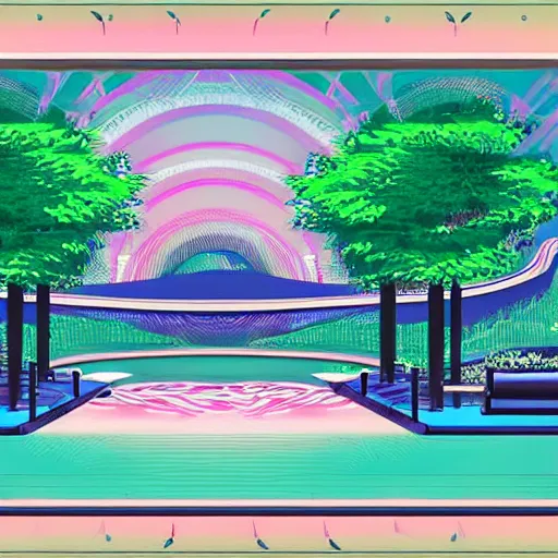 Image similar to art deco vaporwave illustration of a park with trees, benches, and a water feature, in a futuristic pastel city