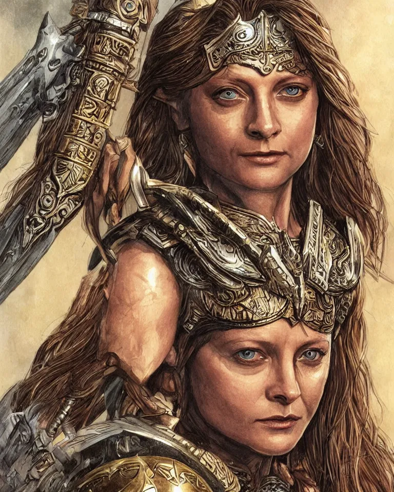 Prompt: a young jodie foster as an amazon warrior, tall and beautiful with brown skin and long hair, dressed in hellenistic body armor, intricate, elegant, highly detailed, smooth, sharp focus, detailed face, art by ardian syaf