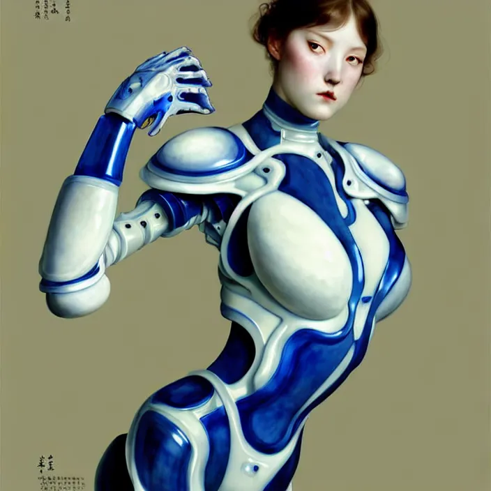 Image similar to porcelain cyborg, Chinese Blue and white porcelain exoskeleton 14th century, diffuse lighting, fantasy, elegant, lifelike, photorealistic, digital painting, artstation, illustration, concept art, smooth, sharp focus, art by John Collier and Albert Aublet and Krenz Cushart and Artem Demura and Alphonse Mucha