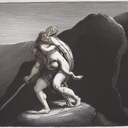 Image similar to Sisyphus carrying a fat lady on his shoulders up a mountain in hell, by Gustave Dore, rich colors, dark red orange brown black color palette