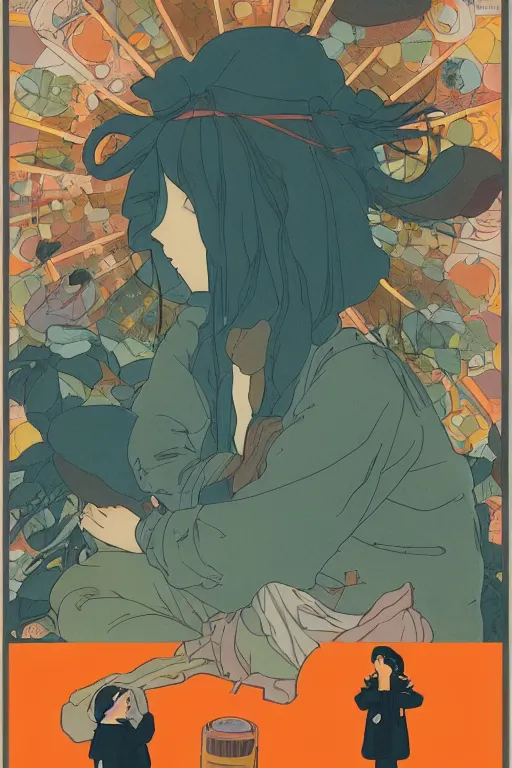 Image similar to a Girl in a sitting on the ground and Hands on knees and Slices of orange and microphones float around her ,Visual Communication Design by studio ghibli and mucha ,Refreshing colour