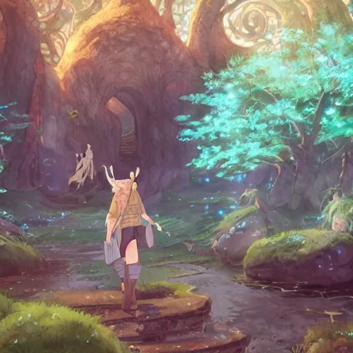 Image similar to mythical glowing runes, beautiful ancient trees, hiding large treasure chest, serene evening atmosphere, soft lens, soft light, cel - shading, animation, in the style of cgsociety, deviantart, artstation, zbrush, cinema 4 d, studio ghibli, akihiko yoshida, atelier lulua, masamune shirow