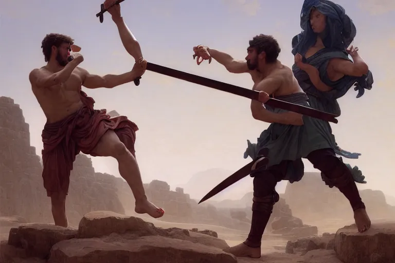 Image similar to ancient historically accurate depiction of the Bible duel bettween the shepherd boy david and Goliath of Gath, the Philistine warrior giant, by frank miller, illustration by Ruan Jia and Mandy Jurgens and William-Adolphe Bouguereau, Artgerm, 4k, digital art, surreal, space dandy style, highly detailed, godsend, artstation, digital painting, concept art, smooth, sharp focus, illustration by Ruan Jia and Mandy Jurgens and William-Adolphe Bouguereau, Artgerm