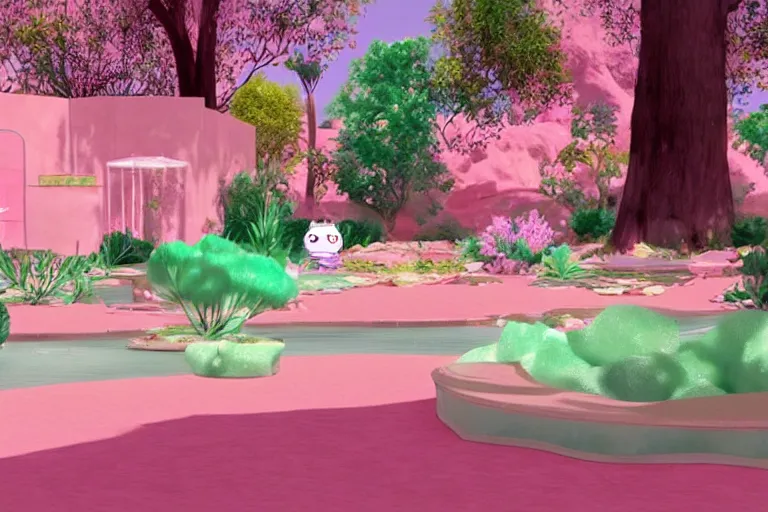 Prompt: desert oasis in a translucent pink casing electronic environment, ps 3 screenshot, still from a kiyoshi kurosawa movie, sanrio core