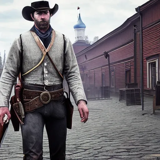 Prompt: arthur from rdr 2 in russia reality nowadays at tolyatti sportivnaia street photorealism