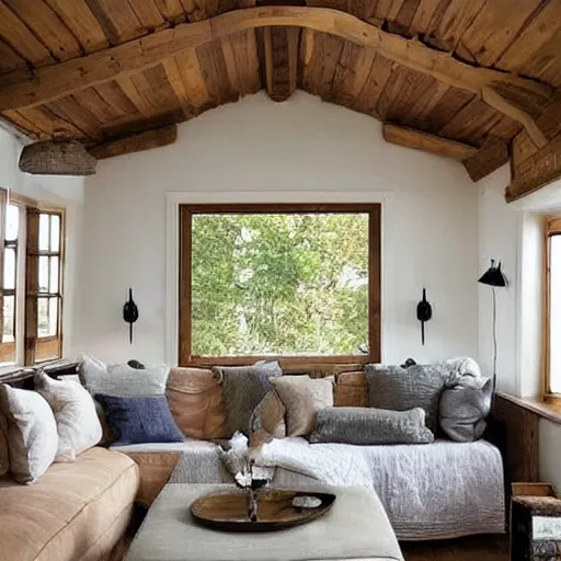 Prompt: a very clean cottage interior. cozy. artistic. simplistic