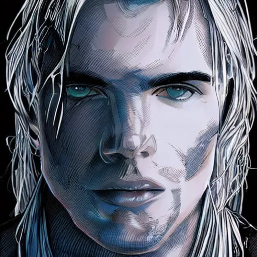 Prompt: man portrait made out of ice, beautiful, cyborg, comic book art, blond hair, neon