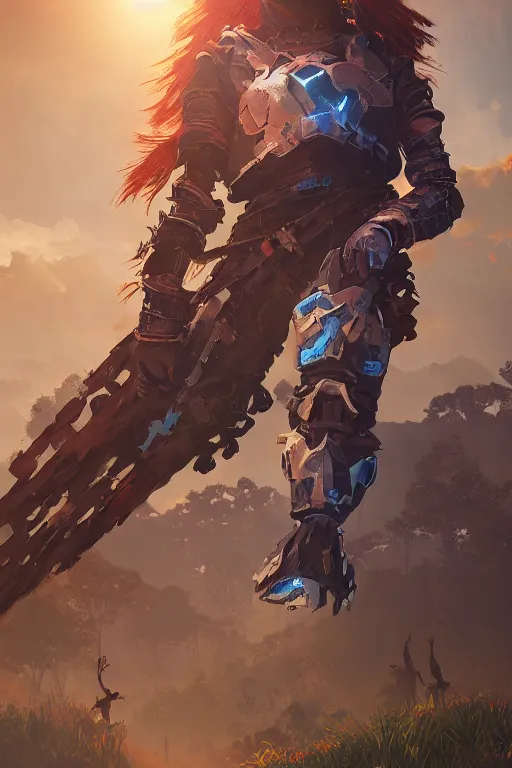 Image similar to combination suit armor aloy horizon forbidden west horizon zero dawn radiating a glowing aura global illumination ray tracing hdr fanart arstation by ian pesty and alena aenami artworks in 4 k tribal robot ninja mask helmet backpack