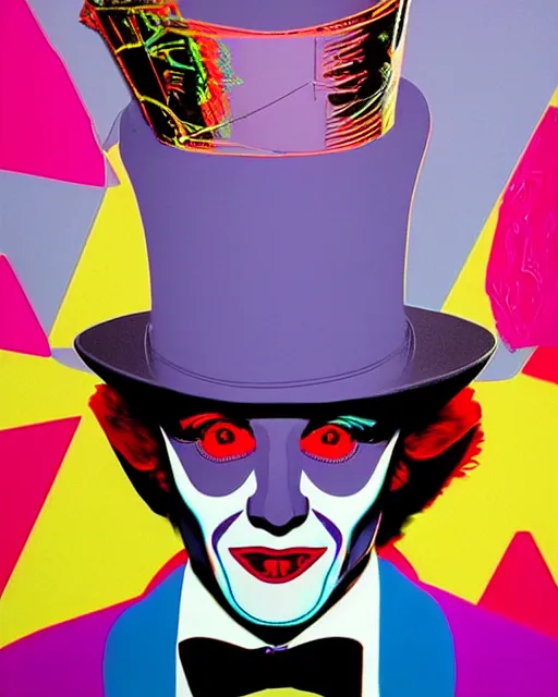 Prompt: symmetrical!! highly detailed vfx portrait of the mad hatter, geometric polygons, global illumination, detailed and intricate environment by andy warhol and tristan eaton