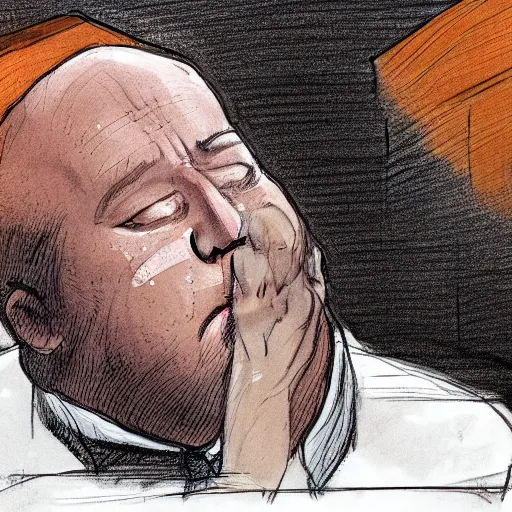 Prompt: Alex jones crying in the dock in court. illustration concept art in the style of Arthur Adams