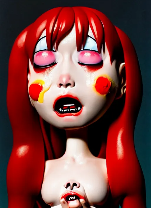 Prompt: a dramatic emotional hyperrealistic pop surrealist oil panting of a sad sobbing grotesque kawaii vocaloid figurine caricature sobbing red in the face uglycrying with tears and snot featured on spitting image by passarotti made of badballs, 😭 🤮💔