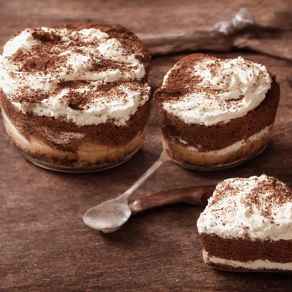 Prompt: close - up view of tiramisu on top of a wooden table, 8 k, high detail, photorealistic, proper shading